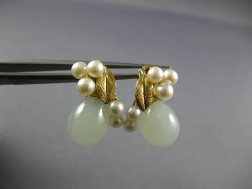 ESTATE AAA JADE & SOUTH SEA PEARL 14KT YELLOW GOLD FLOWER LEAF CLIP ON EARRINGS