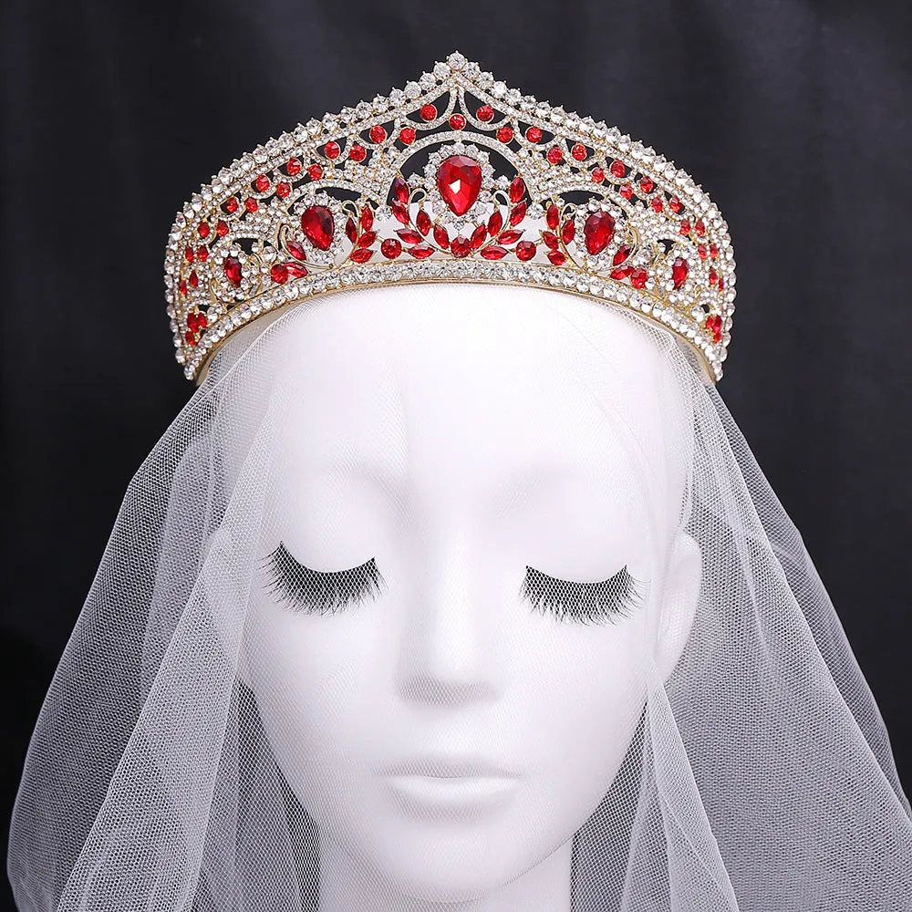 European and American bridal crown red rhinestone tiara wedding photo accessories wedding dress hair accessories crown