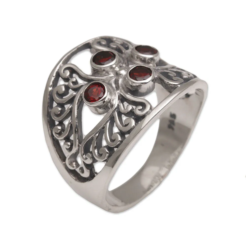 Garnet and Sterling Silver Cocktail Ring from Bali - Vine Queen | NOVICA