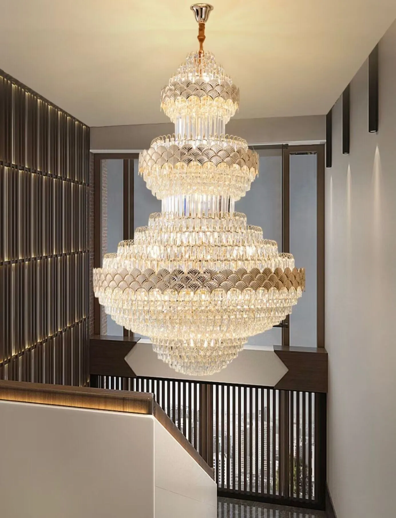 Golden Era Grand Cascade Fish Scale Crystal Chandelier for Living Room/Foyer/Staircase