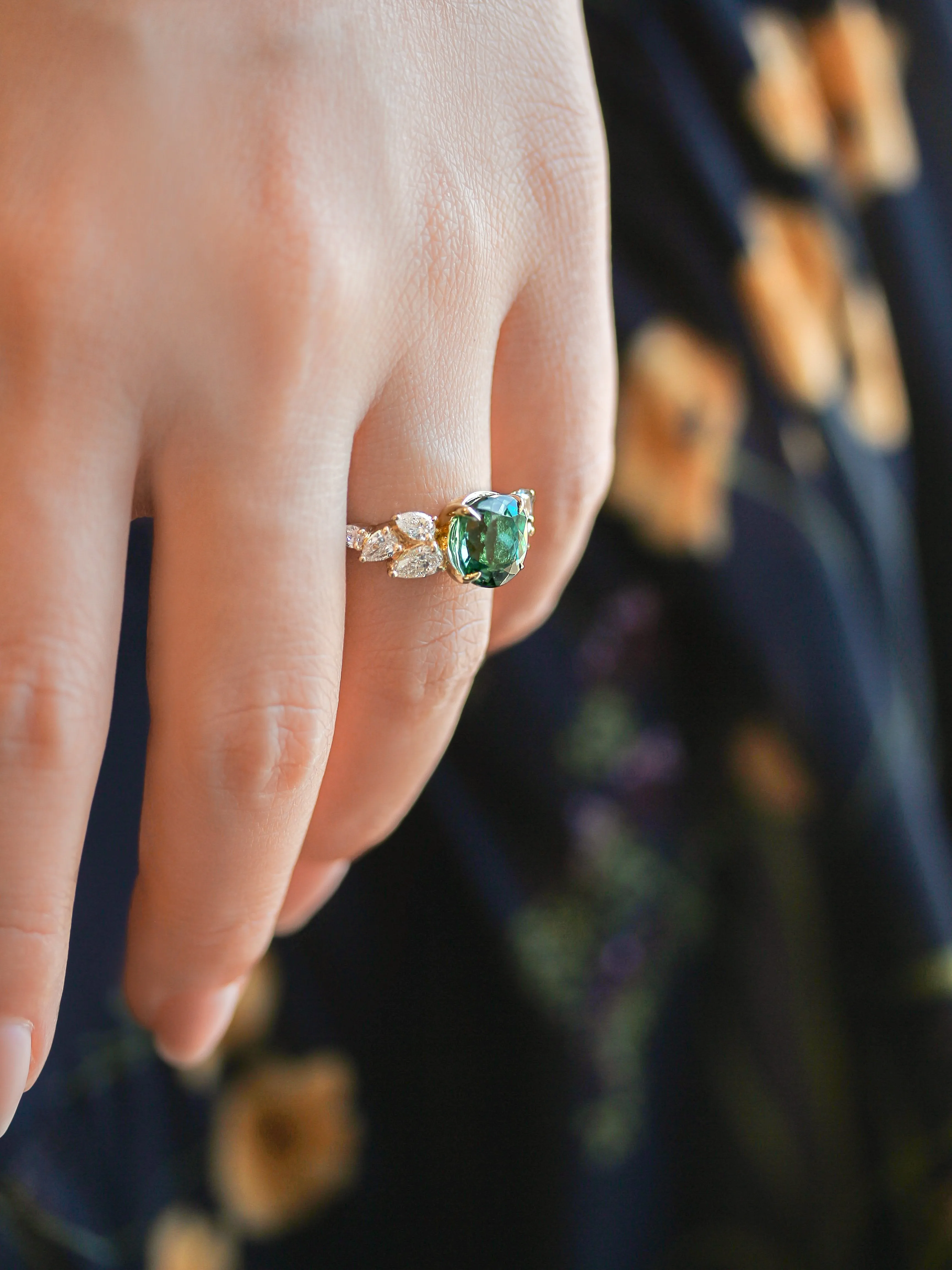 Green Tourmaline Side Cluster Ring