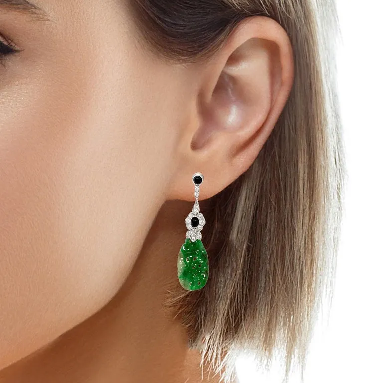Hand Carved Jade, Onyx and Diamond Dangle Earrings in 18k White Gold
