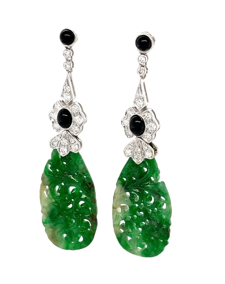 Hand Carved Jade, Onyx and Diamond Dangle Earrings in 18k White Gold