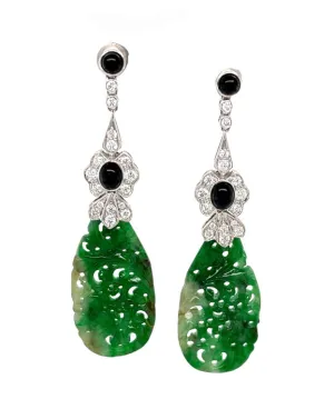 Hand Carved Jade, Onyx and Diamond Dangle Earrings in 18k White Gold