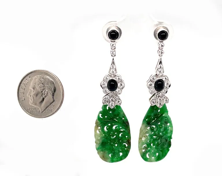 Hand Carved Jade, Onyx and Diamond Dangle Earrings in 18k White Gold