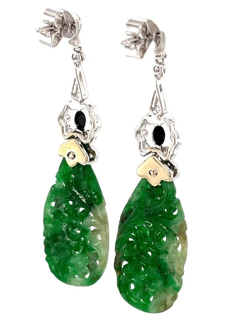 Hand Carved Jade, Onyx and Diamond Dangle Earrings in 18k White Gold