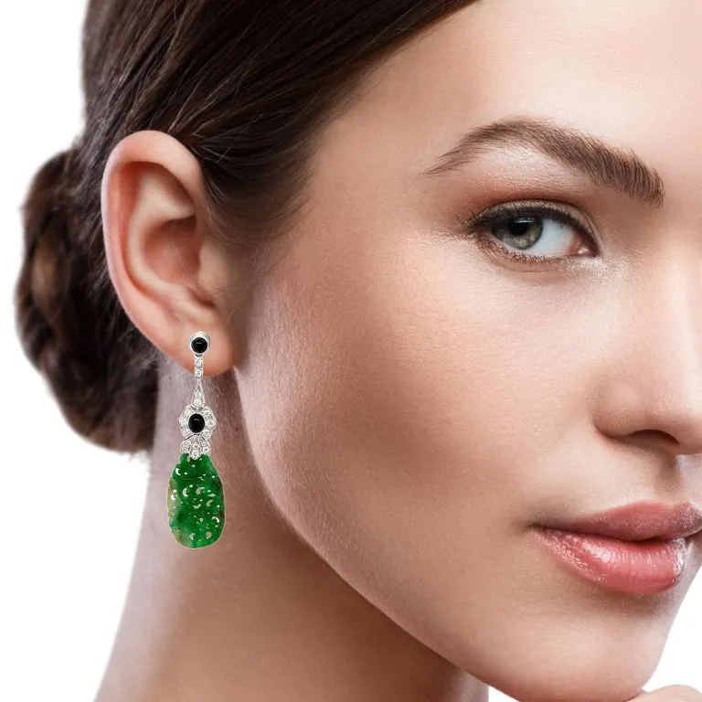 Hand Carved Jade, Onyx and Diamond Dangle Earrings in 18k White Gold