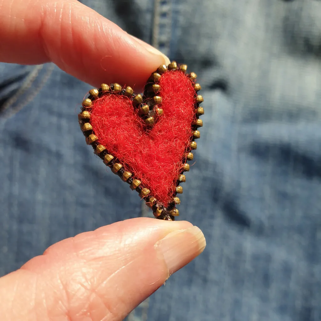 Hand Felted Red Heart Pin Badge With Zip Edge Detail