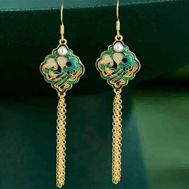 Handcrafted Tassel  Hetian Jade Earrings