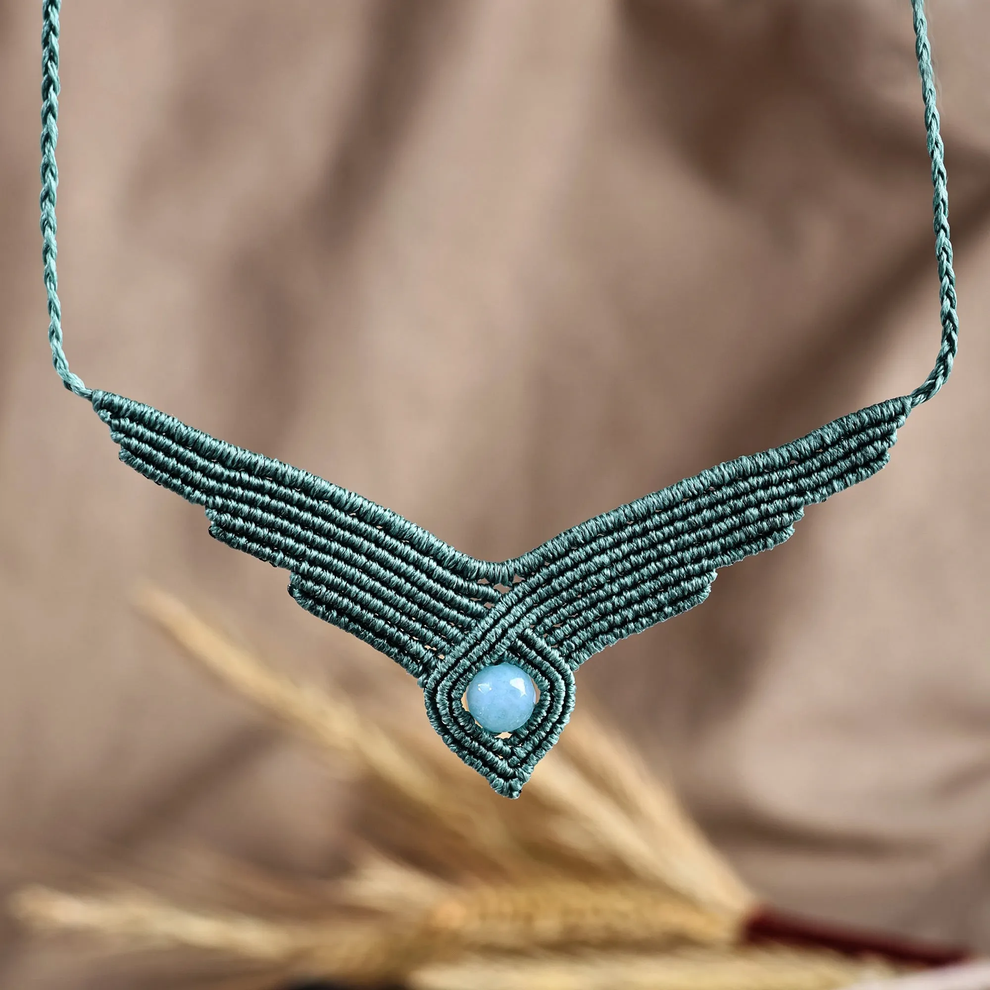 Handmade Macrame Long Pendant Necklace with Amazonite Stone - Vibrant Glamor | NOVICA