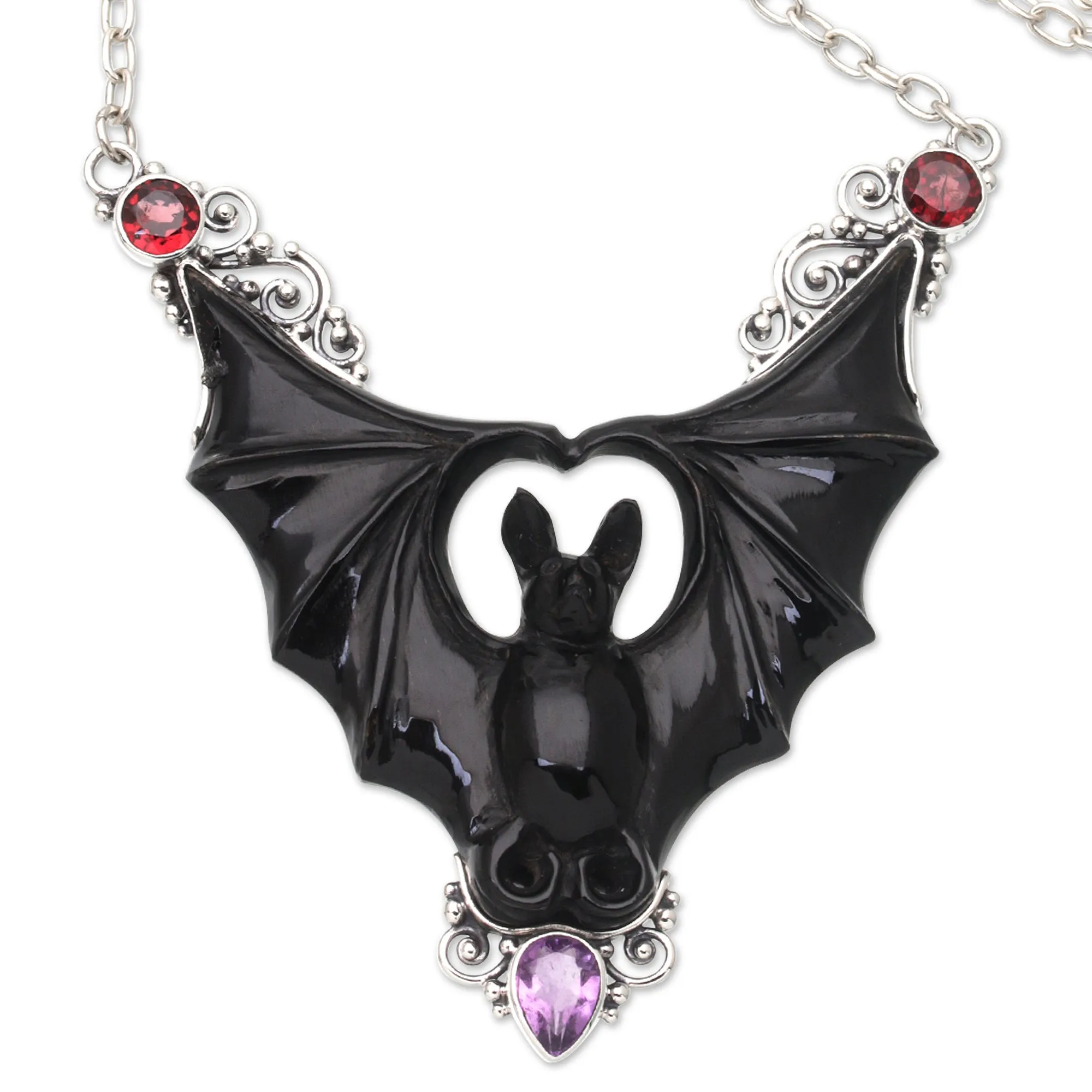 Horn Amethyst Garnet & Sterling Silver Bat Pendant Necklace - Midnight Bat | NOVICA
