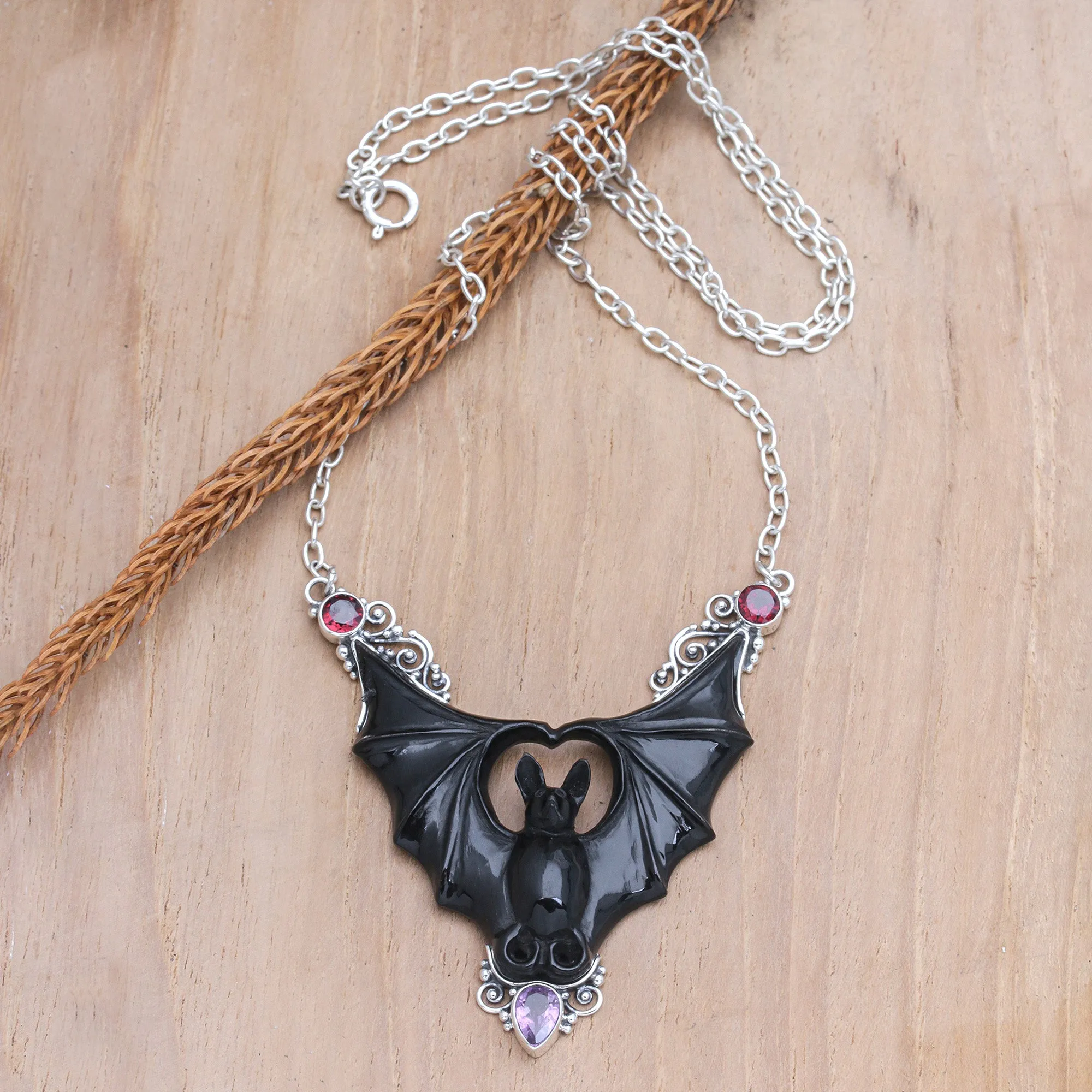 Horn Amethyst Garnet & Sterling Silver Bat Pendant Necklace - Midnight Bat | NOVICA