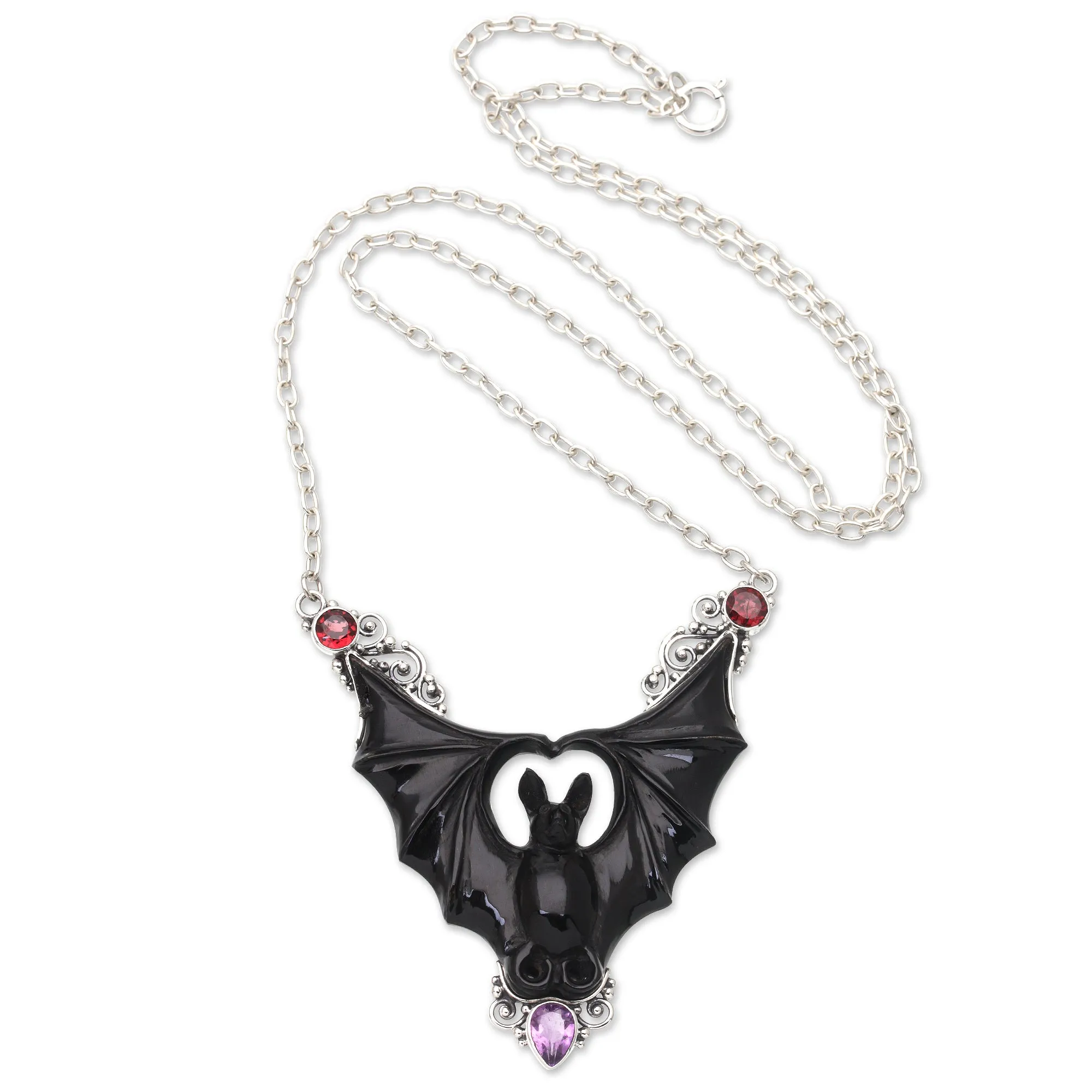 Horn Amethyst Garnet & Sterling Silver Bat Pendant Necklace - Midnight Bat | NOVICA