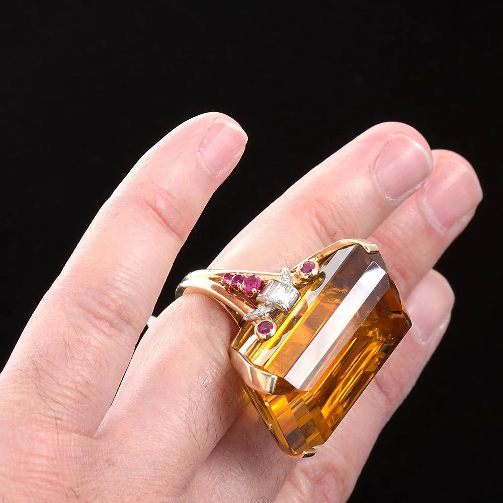 Large 75 Carat Citrine Art Deco Styled Ring
