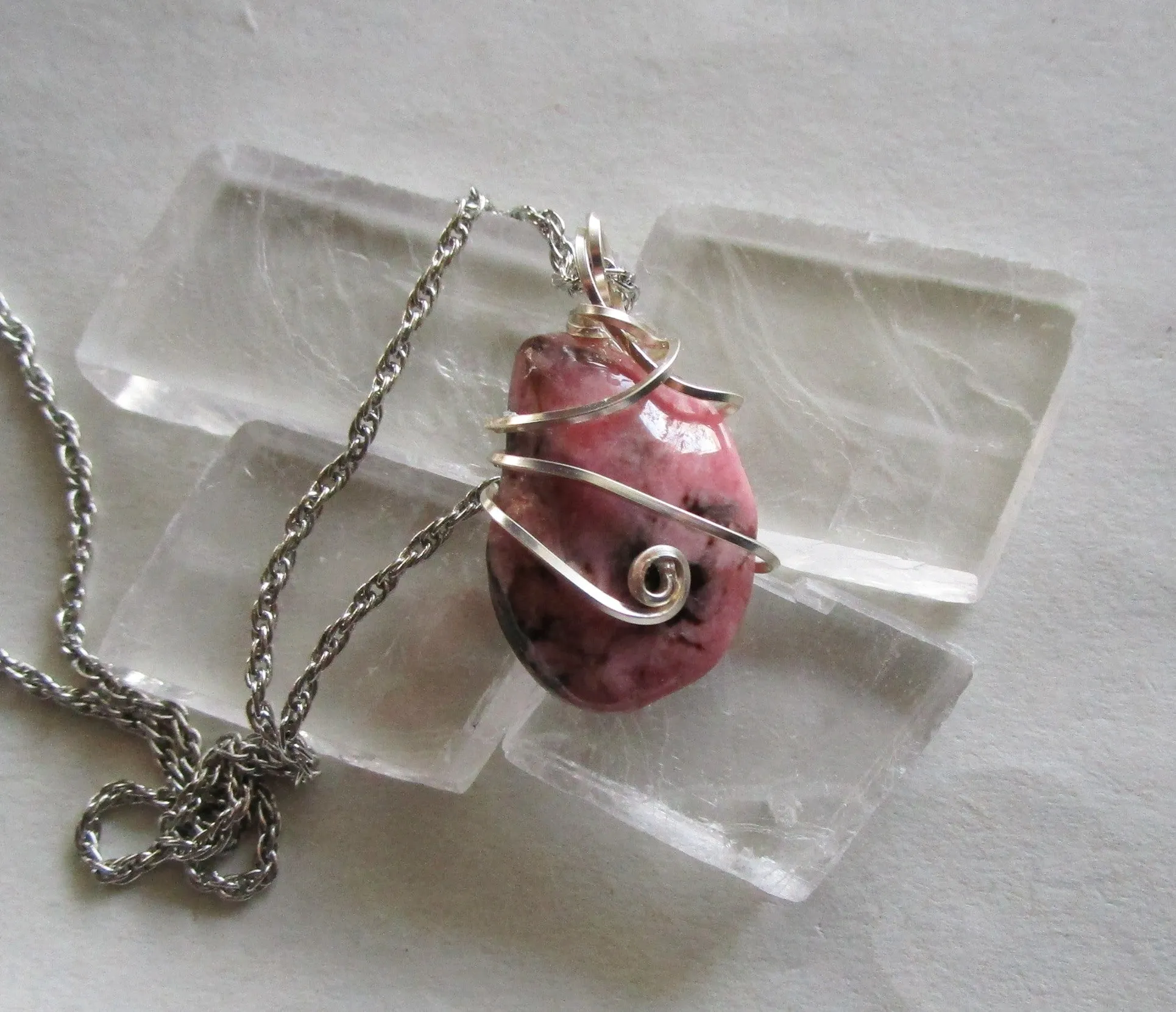Natural Pink and Black Rhodonite Gemstone Crystal Pendant Necklace