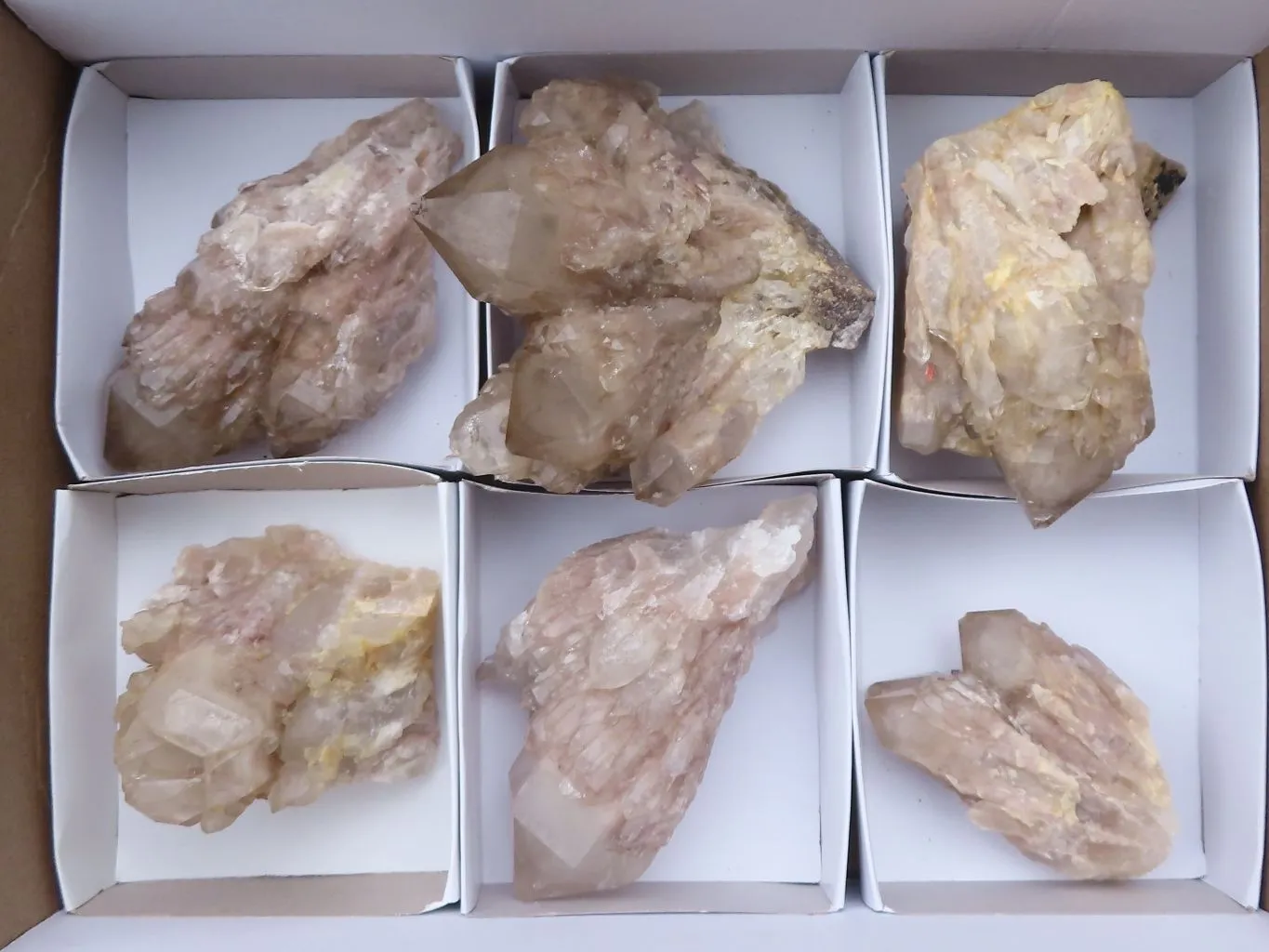 Natural White Phantom Cascading Smokey Quartz Clusters x 6 From Luena, Congo