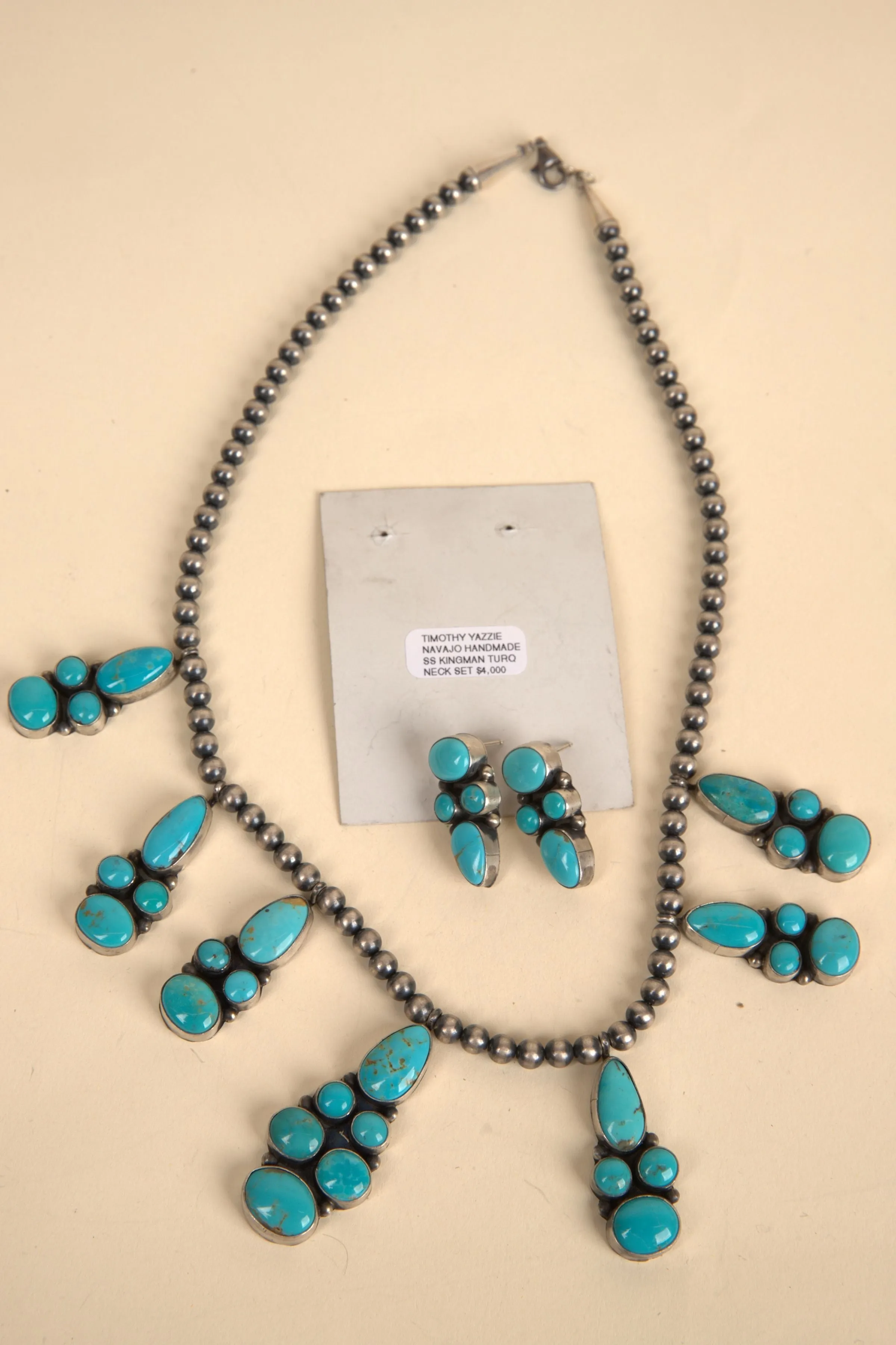 Navajo Handmade Kingman Turquoise Necklace and Earring Set - 9