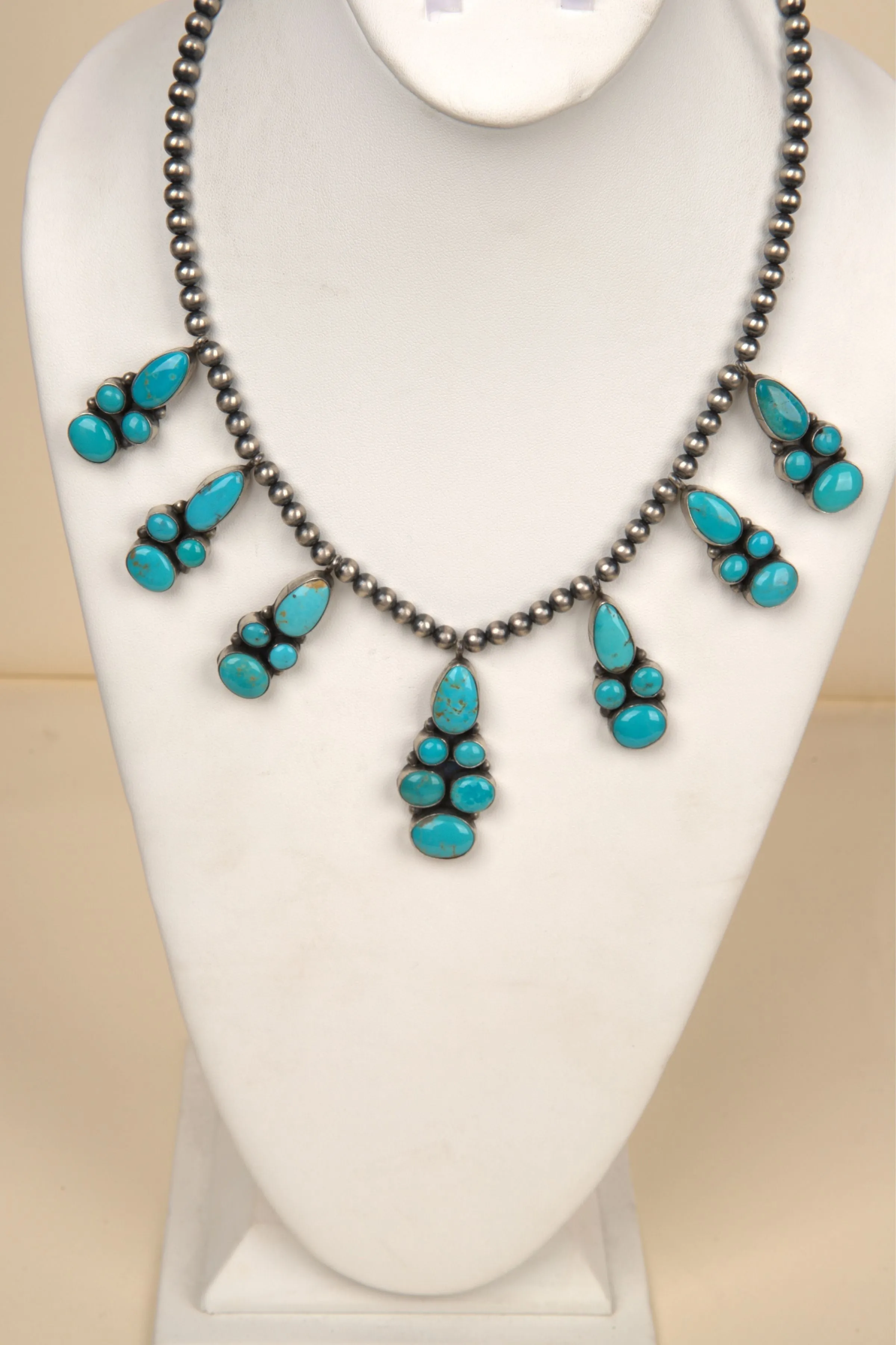 Navajo Handmade Kingman Turquoise Necklace and Earring Set - 9