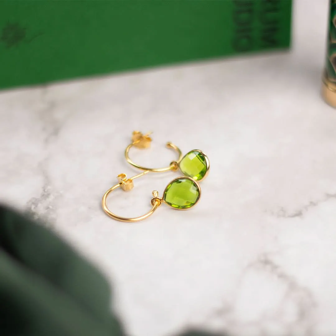 Peridot Drop Hoop Earrings | Gold - August
