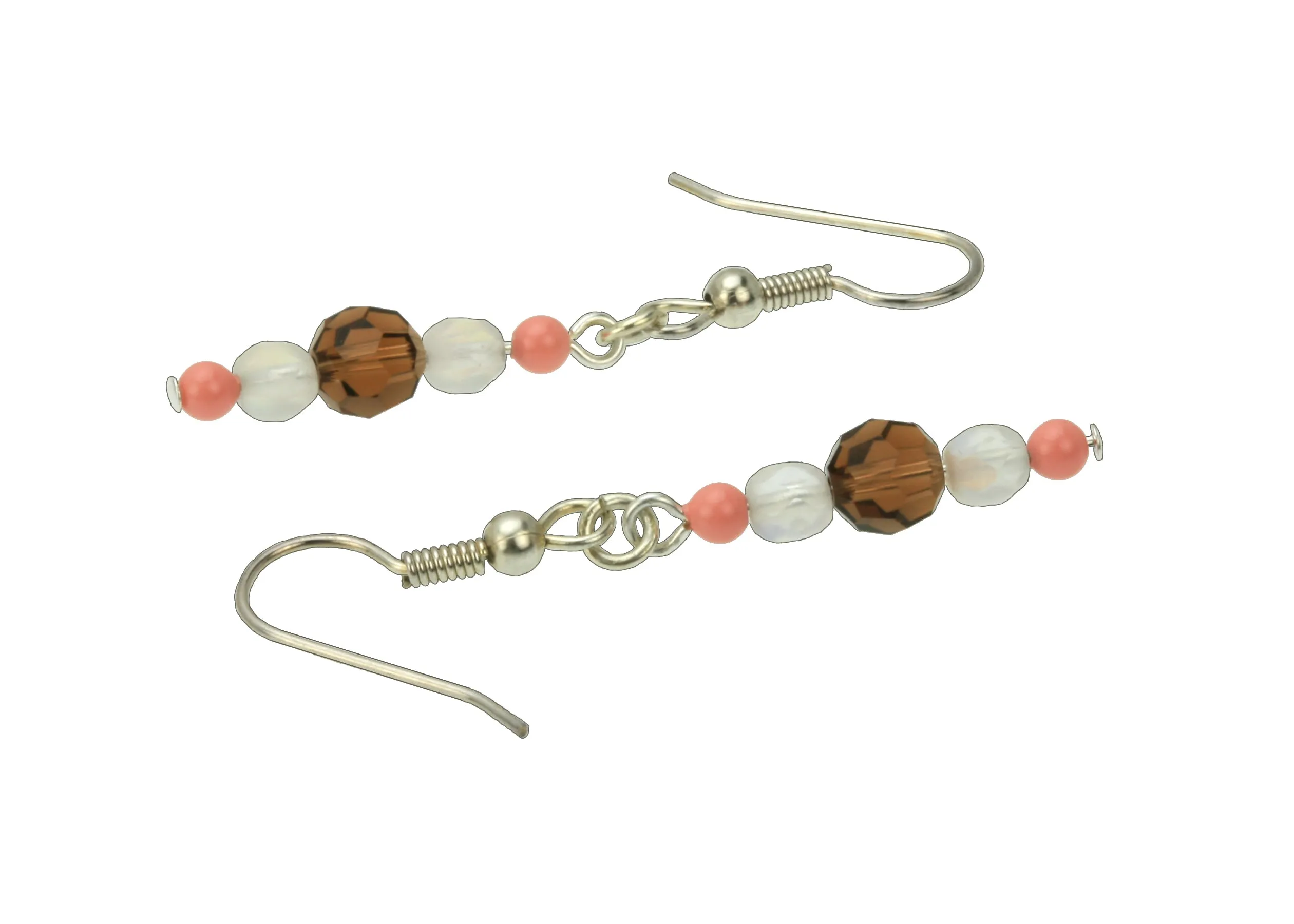 Pink Coral, Smoked Topaz and Opal Silver Dangle Earrings