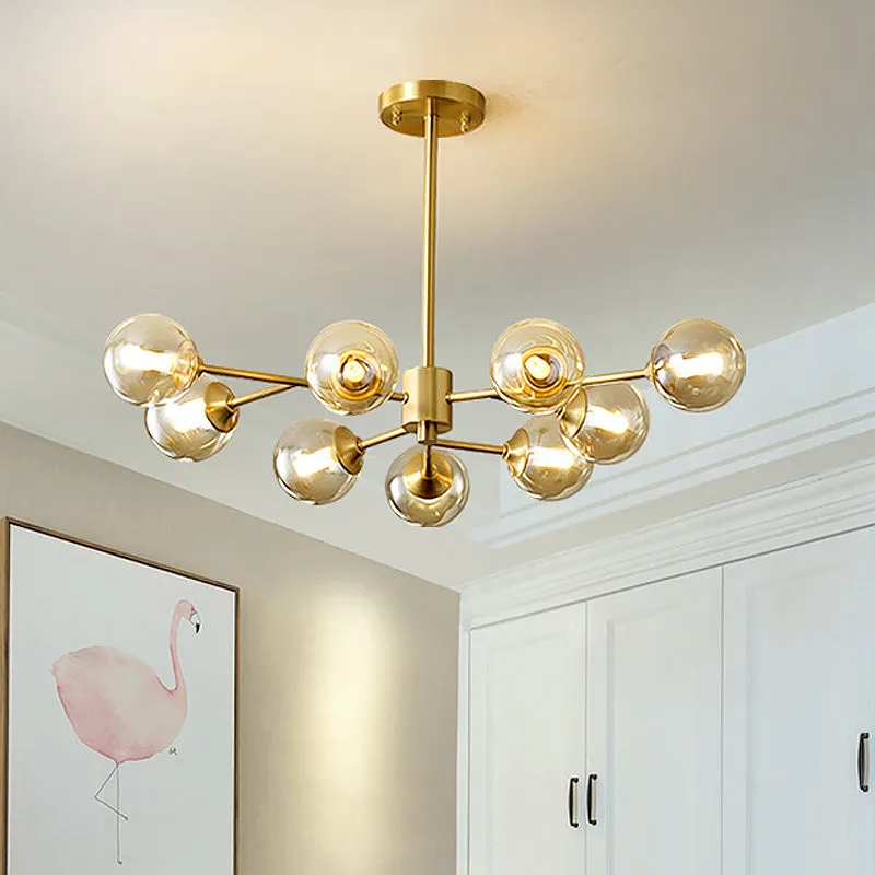 Post Modern Brass Chandelier with Clear Glass Shade - 9 Lights for Living Room Ceiling