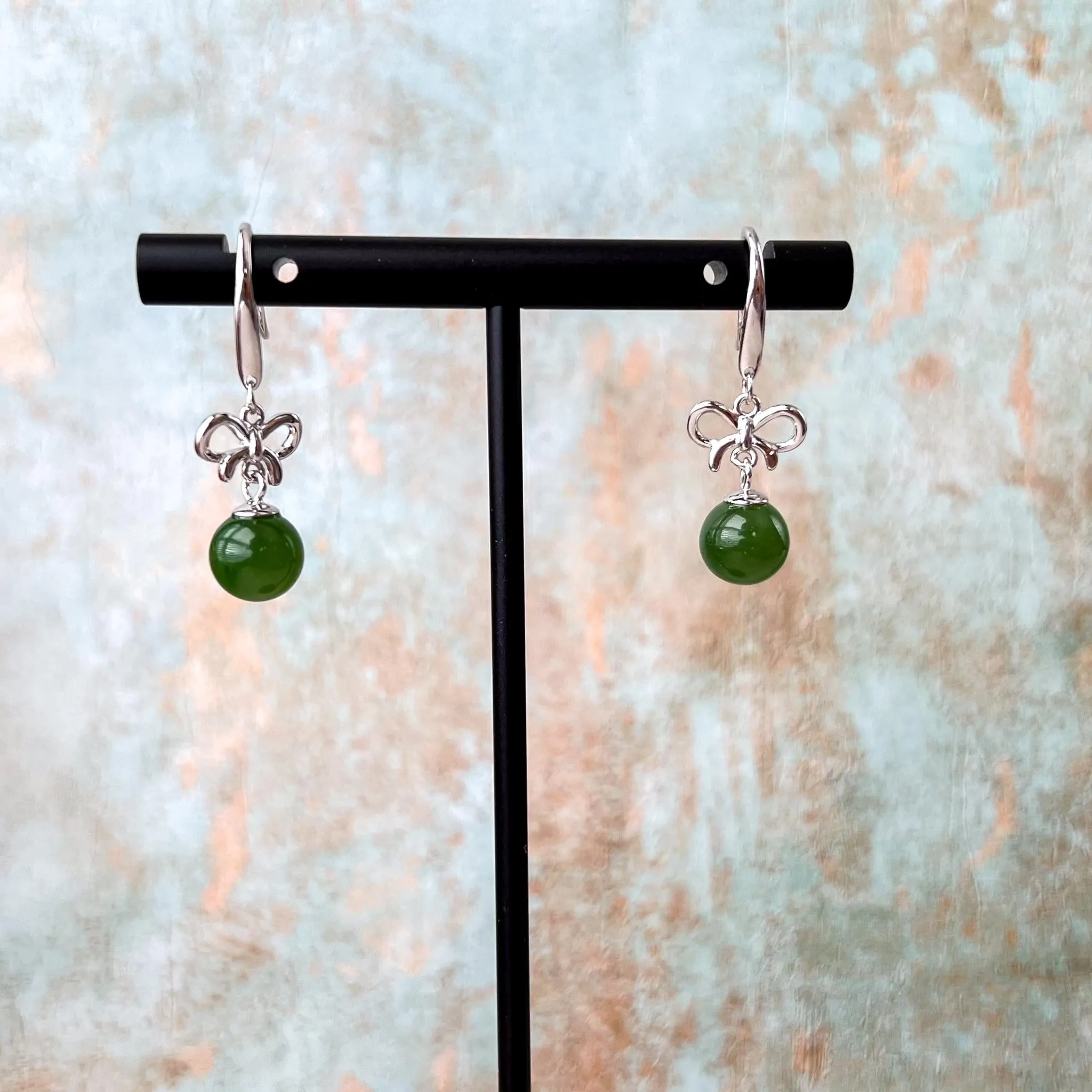 Ribbon Green Jade Earring, Green Nephrite Jade Sterling Silver Earrings, JSY-0424-12025
