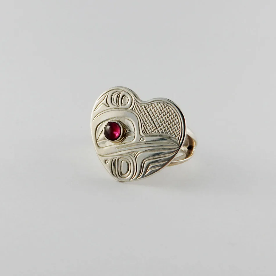 Silver and Garnet Heart Shaped Hummingbird Ring