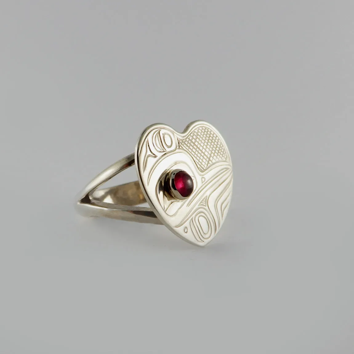 Silver and Garnet Heart Shaped Hummingbird Ring