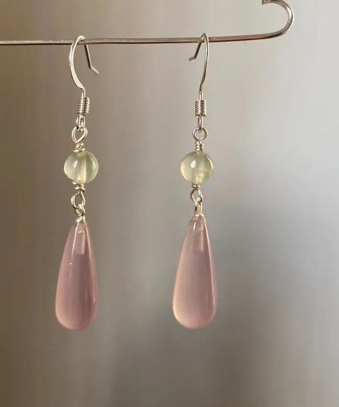 Skinny Pink Sterling Silver Drip Chalcedony Jade Drop Earrings TW1031