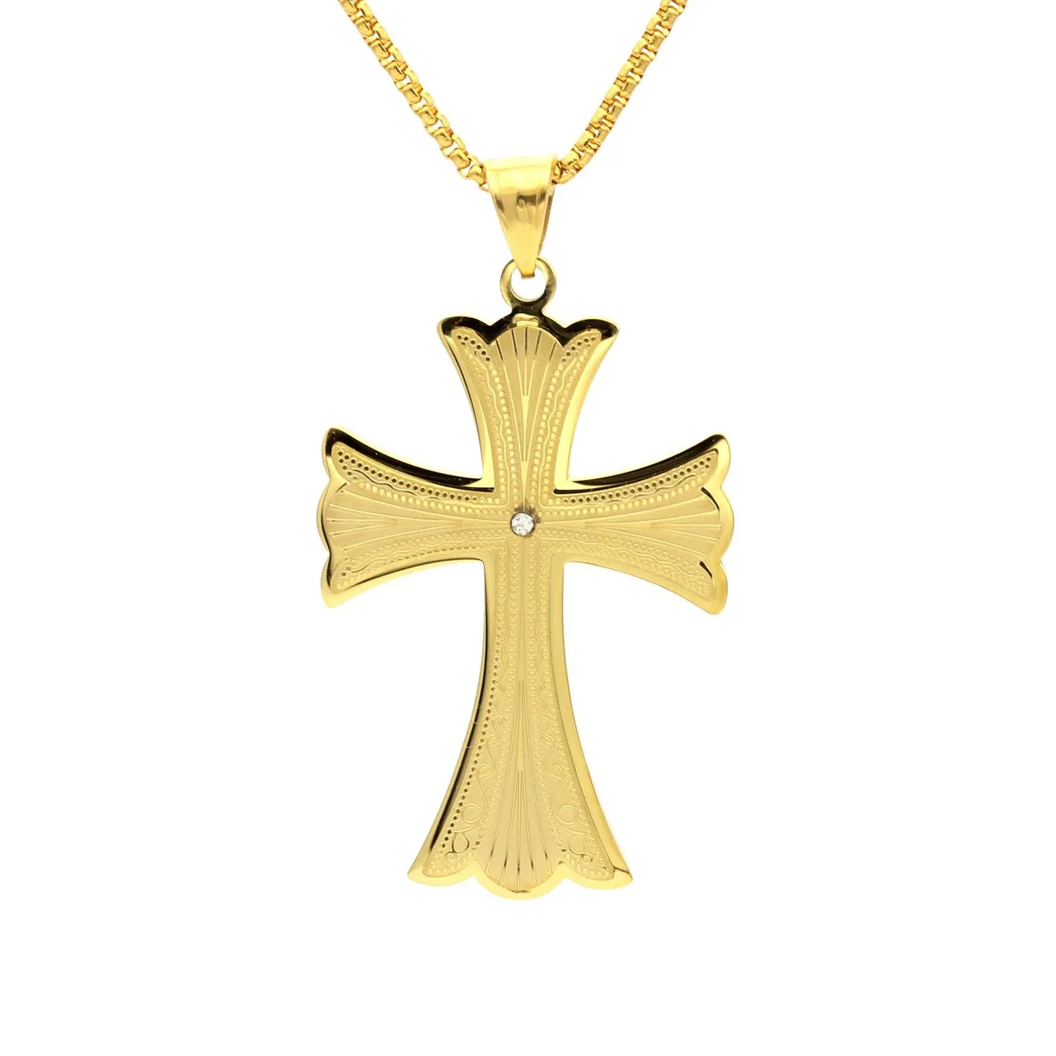 Stainless Steel CZ & Filigree Design Cross Pendant