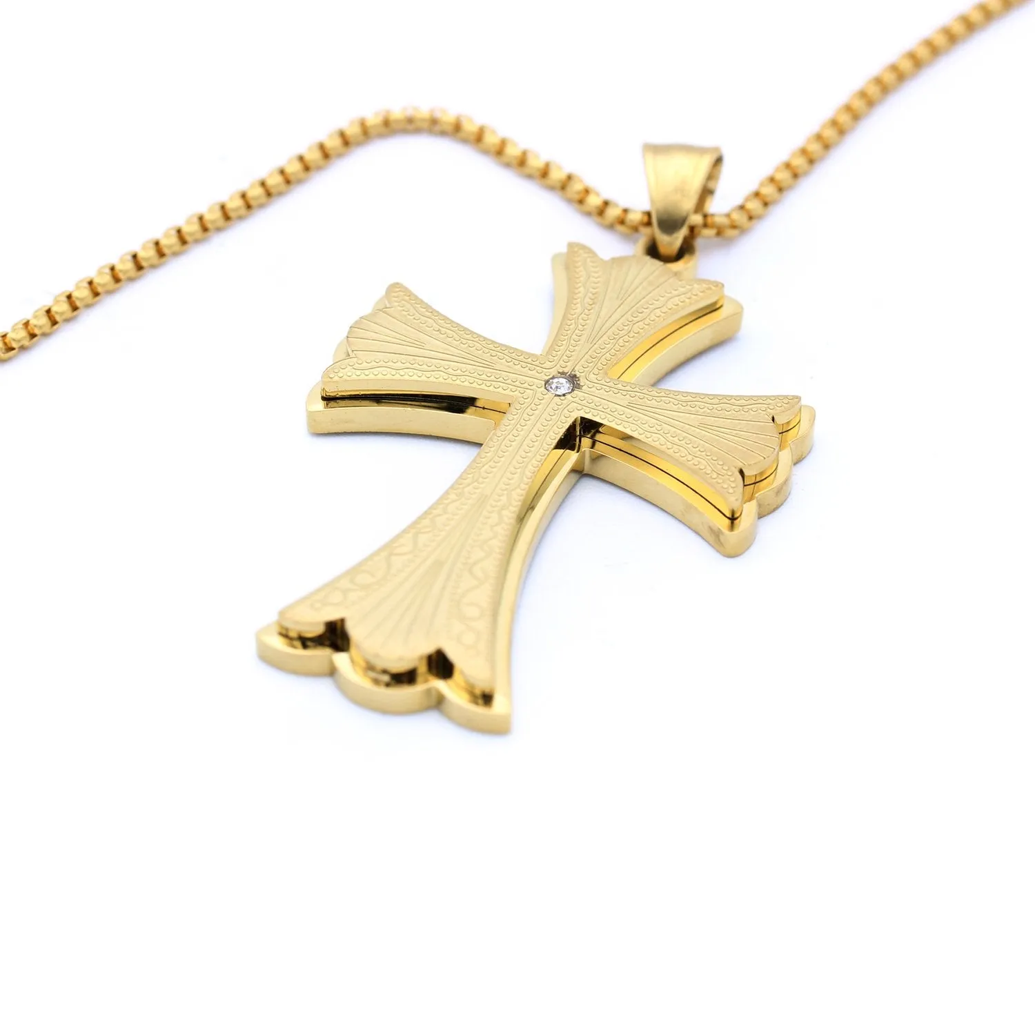 Stainless Steel CZ & Filigree Design Cross Pendant
