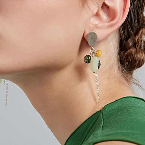 Sterling Silver Dangle Earrings with Hetian Jade Wax jade Rutilated Quartz Handmade Jewelry Women