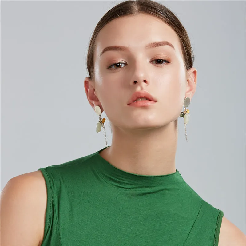 Sterling Silver Dangle Earrings with Hetian Jade Wax jade Rutilated Quartz Handmade Jewelry Women