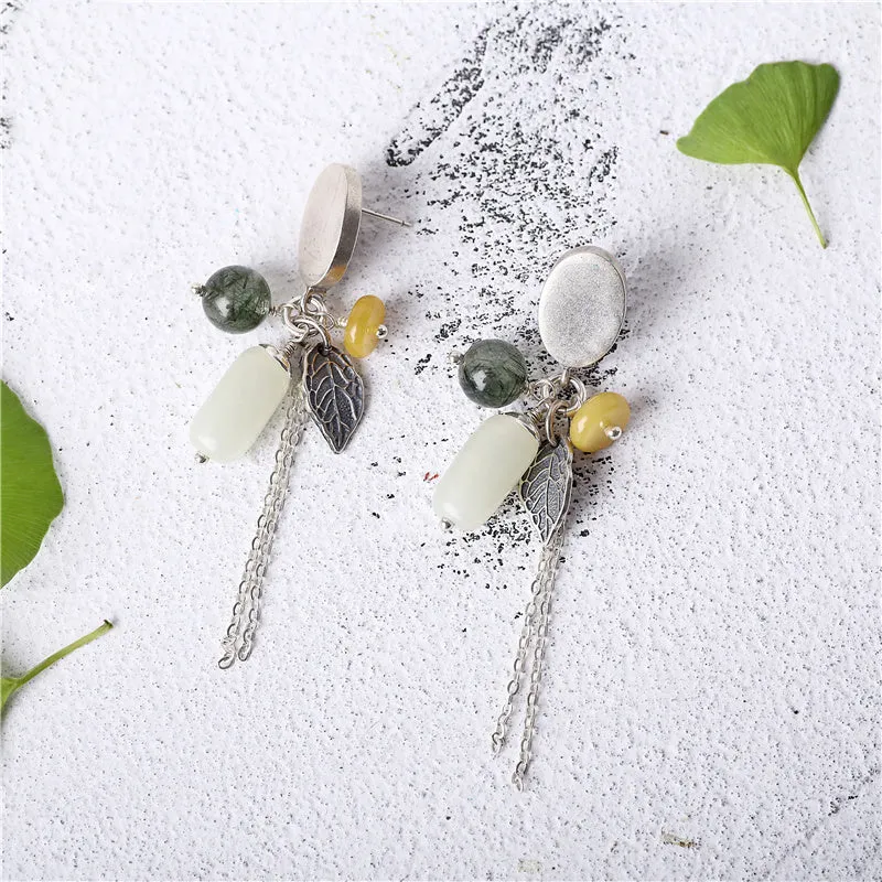 Sterling Silver Dangle Earrings with Hetian Jade Wax jade Rutilated Quartz Handmade Jewelry Women