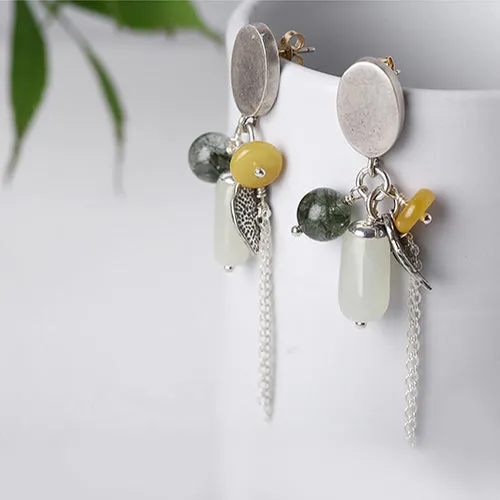 Sterling Silver Dangle Earrings with Hetian Jade Wax jade Rutilated Quartz Handmade Jewelry Women