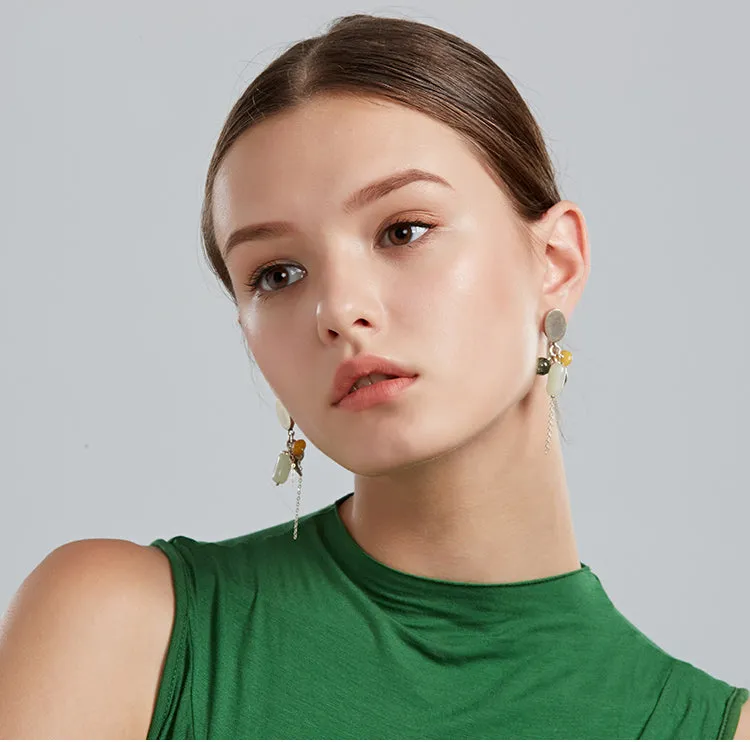 Sterling Silver Dangle Earrings with Hetian Jade Wax jade Rutilated Quartz Handmade Jewelry Women