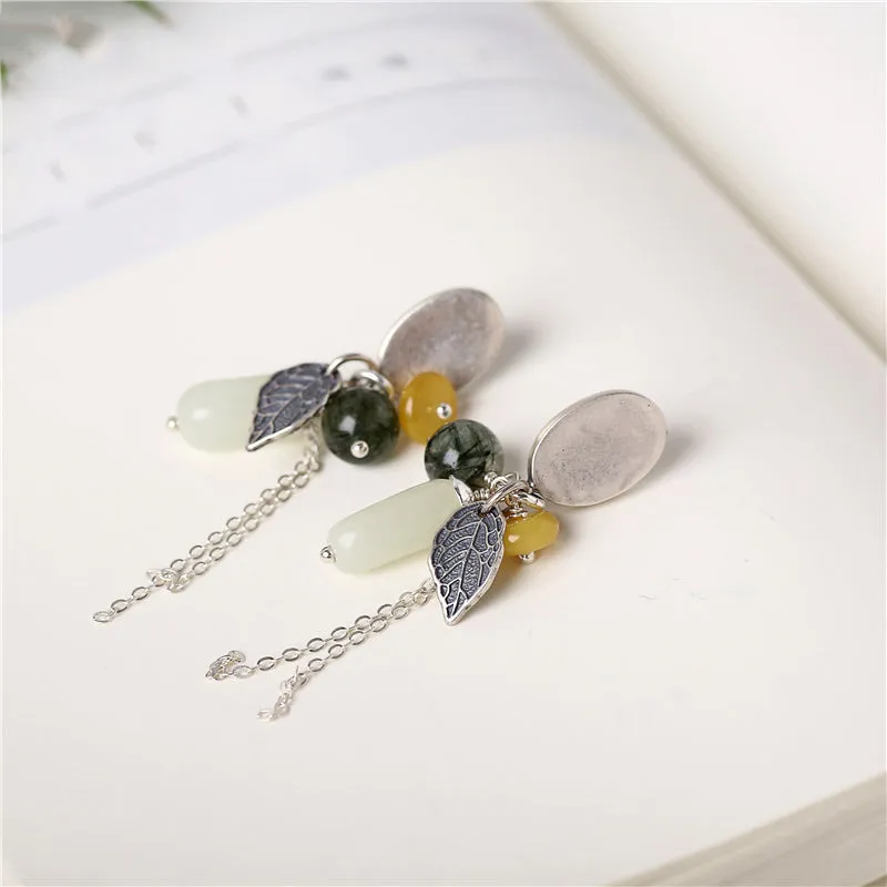 Sterling Silver Dangle Earrings with Hetian Jade Wax jade Rutilated Quartz Handmade Jewelry Women