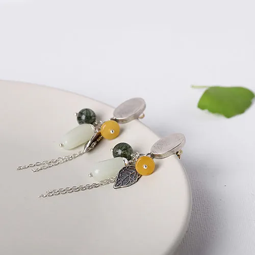 Sterling Silver Dangle Earrings with Hetian Jade Wax jade Rutilated Quartz Handmade Jewelry Women