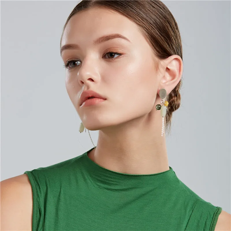 Sterling Silver Dangle Earrings with Hetian Jade Wax jade Rutilated Quartz Handmade Jewelry Women