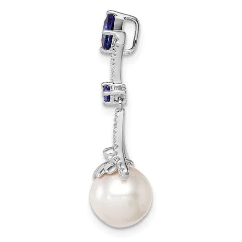 Sterling Silver Diamond & Created Sapphire Cultured Pearl Pendant