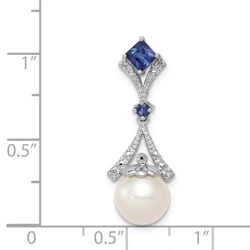 Sterling Silver Diamond & Created Sapphire Cultured Pearl Pendant