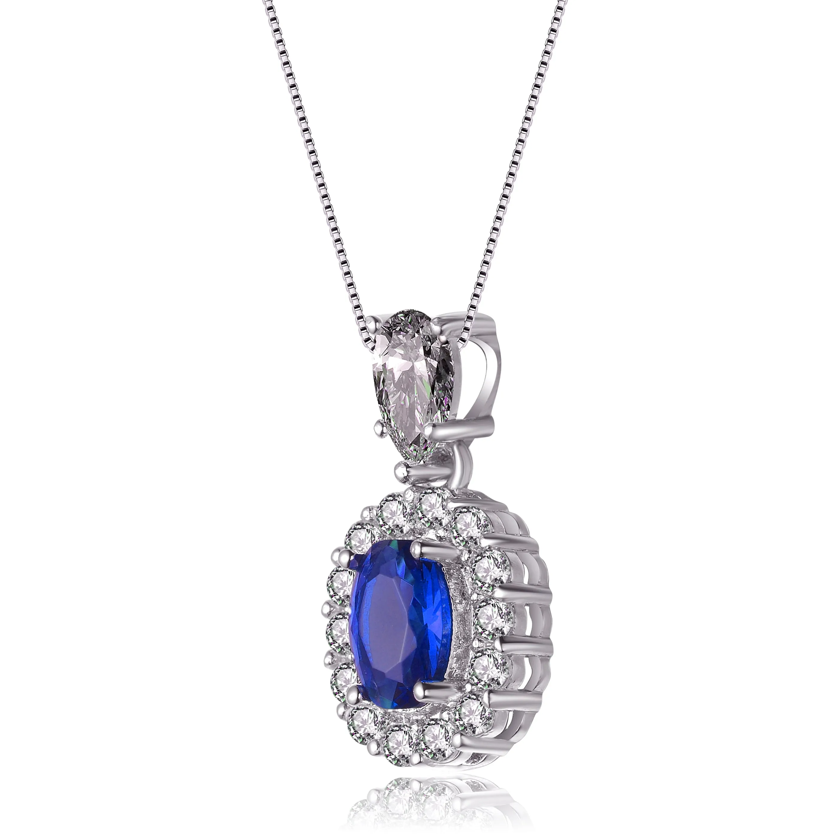 Sterling Silver with Rhodium Plated Sapphire Blue Oval Cubic Zirconia Accented with Clear Pear and Round Cubic Zirconias Necklace