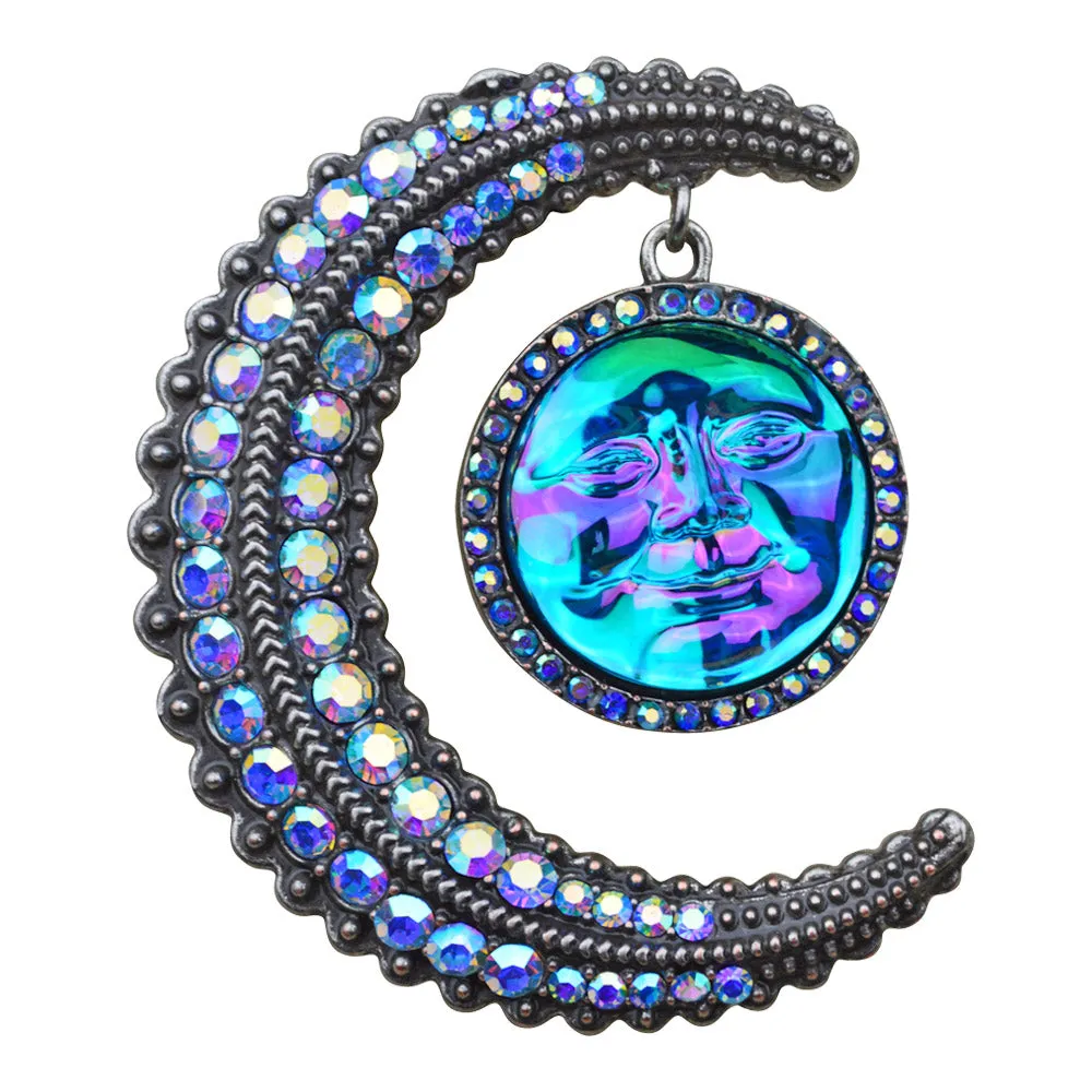 To The Moon And Back Seaview Water Moon Pin Pendant Necklace  (Antique Silvertone/Sapphire AB)
