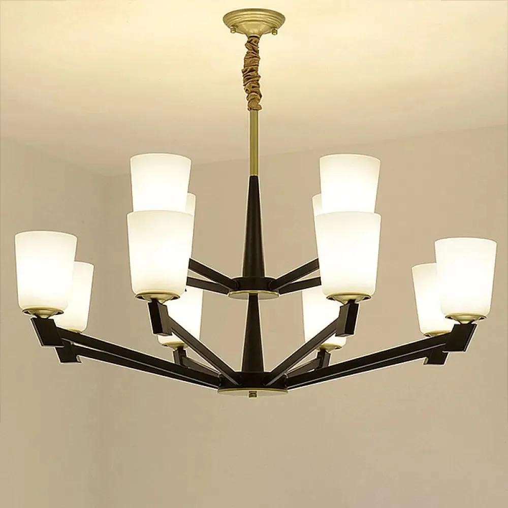 Traditional Cone Frosted Glass Chandelier in Black - Pendant Lighting for Living Room: 6/8/12 Lights
