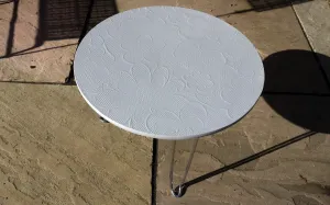 Upcycled retro round coffee side table with original 70's vintage wallpaper with chrome hairpin legs.