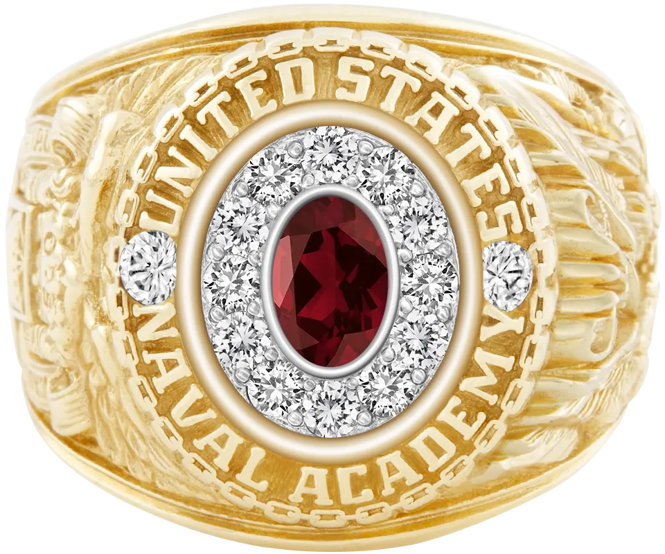USNA Class Ring Mod™ with Mozambique Garnet Centerpiece and Diamond Dividers