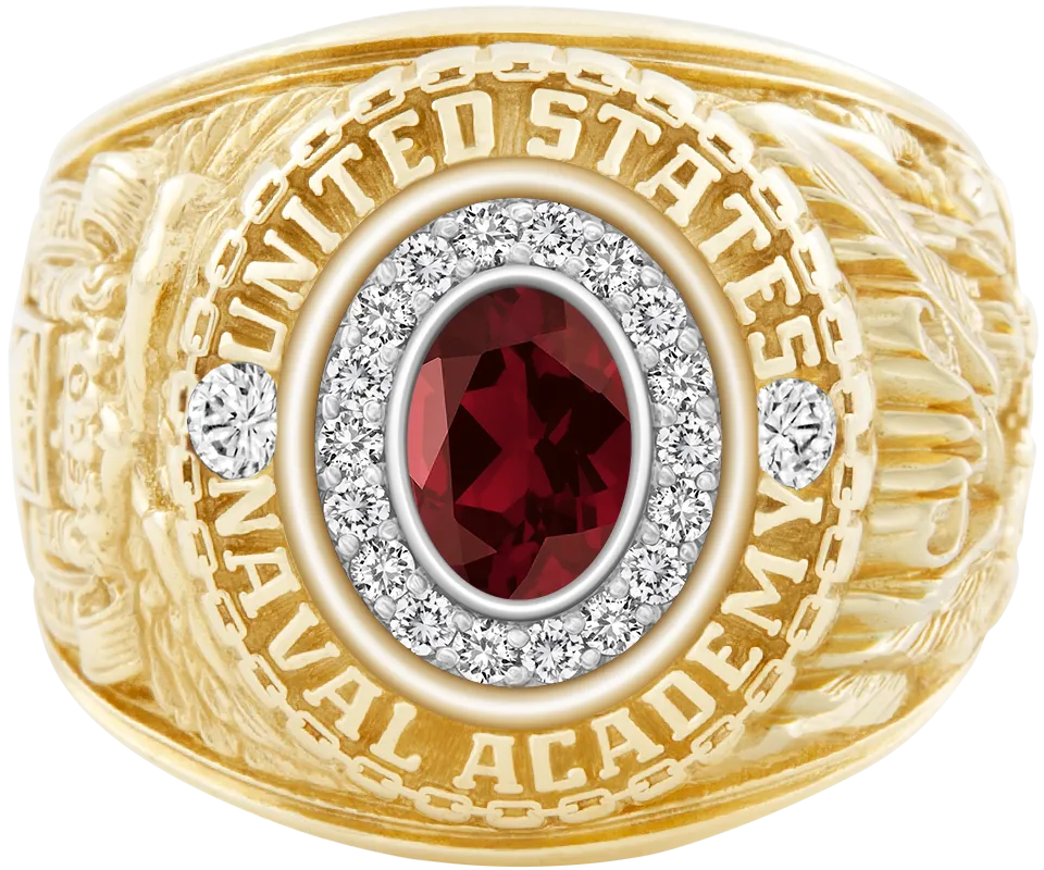 USNA Class Ring Mod™ with Mozambique Garnet Centerpiece and Diamond Dividers