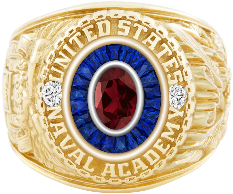 USNA Class Ring Mod™ with Mozambique Garnet Centerpiece and Diamond Dividers