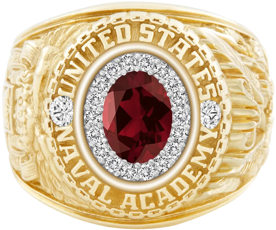 USNA Class Ring Mod™ with Mozambique Garnet Centerpiece and Diamond Dividers