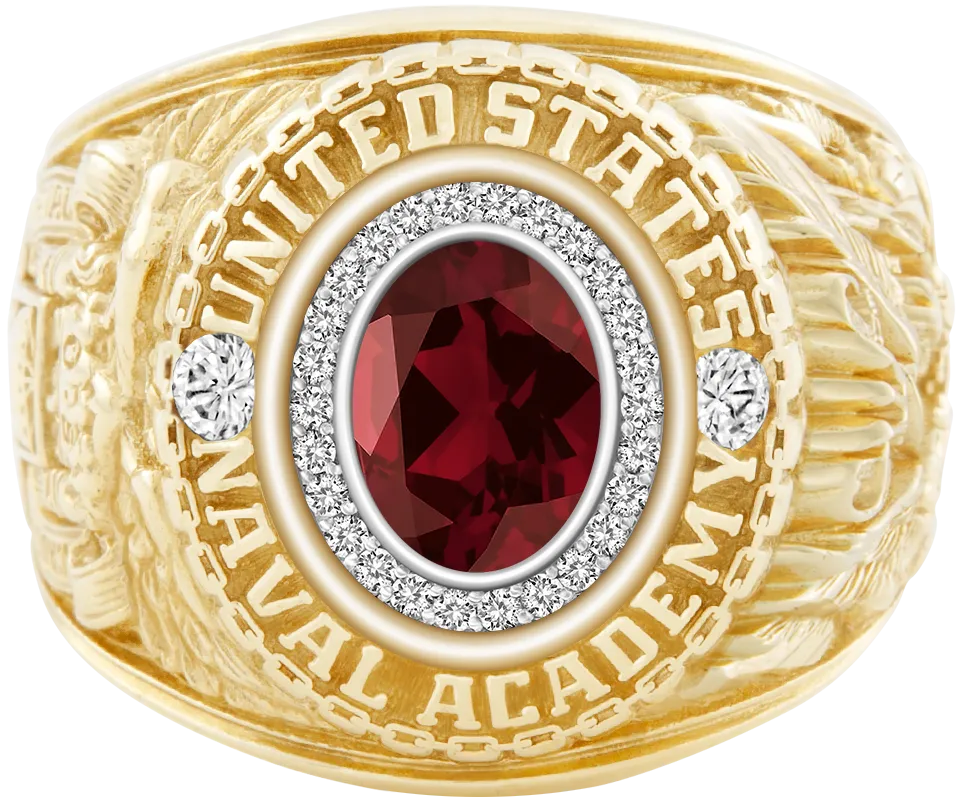 USNA Class Ring Mod™ with Mozambique Garnet Centerpiece and Diamond Dividers